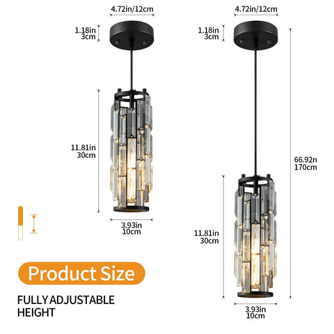Diagram of Dope Black Modern Crystal Pendant Light For Kitchen Island With Adjustable Height, K9 Crystal Beads, E27 Base