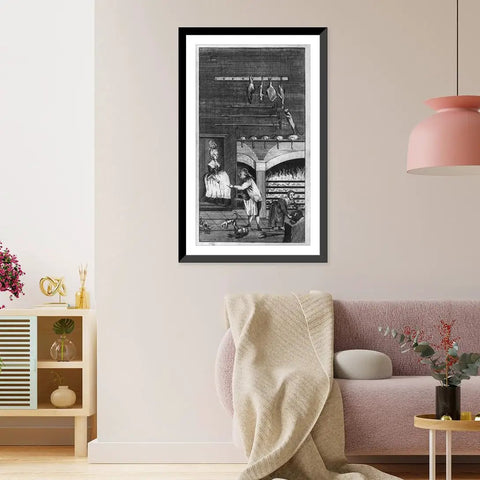 Old School Retro Kitchen Scene Vintage Black And White Antique Wall Art Print Framed In Black Wood With A Woman Scrubbing A Pot And A Cook Classic Office Decor 17x22