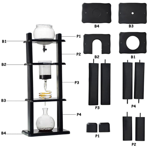 Smooth Sip Ice Drip Coffee Maker Featuring Solid Pine Wood Glass Tower with components labeled for assembly.