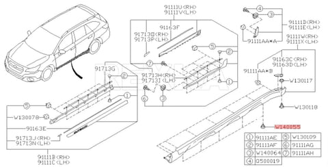 Diagram showing Subaru rocker molding retainer clips placement for installing rocker panels and lower moldings on Subaru vehicles.