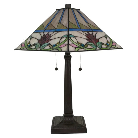 Front view of Mission Style Stained Glass Table Lamp With Floral Shade, 22 Inch Tall, Tan Green Blue Red Glass Panels, vintage decor.