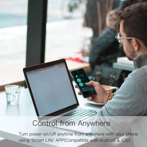 Man using Smart WiFi In Wall Outlet With USB And Type-C Ports, 15A Divided Socket, via Smart Life Tuya app on smartphone.