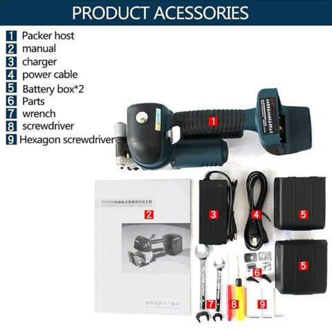 Cordless Electric Strapping Machine With Effortless One Handed Operation, Automatic PP PET Strap Welding, No Sweat Battery Powered Banding Tool For Faster Warehouse And Carton Shipping Grind accessories, charger, battery box, manual, and tools.
