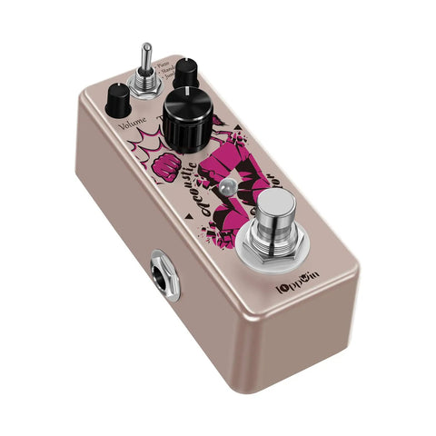 Electric To Acoustic Guitar Simulator Pedal With 3 Cabinet Modes Piezo Standard Jumbo Sturdy Metal Housing And True Bypass Delivers Rich Realistic Acoustic Tones From Your Electric Guitar For Live Shows And Studio, showing side angle with volume and mode knobs.
