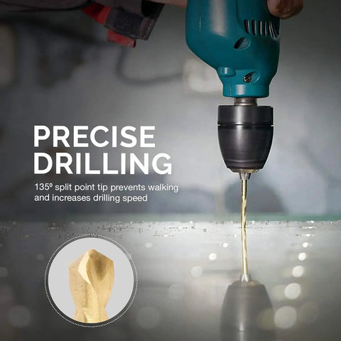 Left-Hand Drill Bit Set, Go-To Titanium Nitride Coated High-Speed Steel Bits, Reverse-Twist Design in use, drilling metal sheet