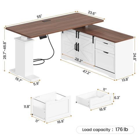 L Shaped Standing Desk With Storage Drawers And Power Outlets, 55 Inch Height Adjustable Corner Desk For Home Office, white desk layout