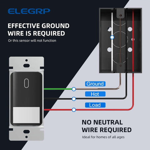 Occupancy Motion Sensor Light Switch No Neutral Needed, PIR Infrared Wall Switch wiring diagram with labeled wires