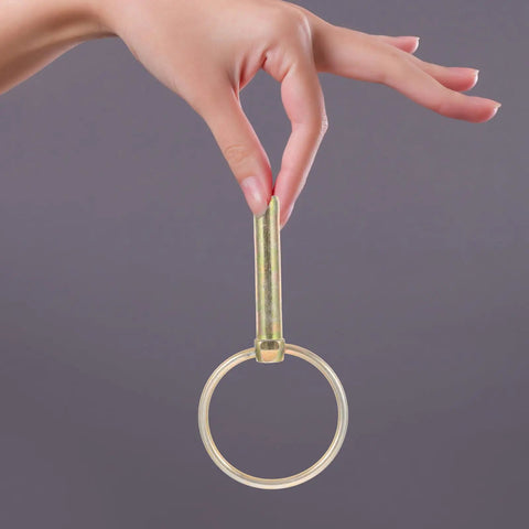 Hand holding a pin from Heavy Duty Lynch Pin Kit With Rings, 16 Galvanized Retaining Pins For Farm Tractors, Trailers, And Mowers.