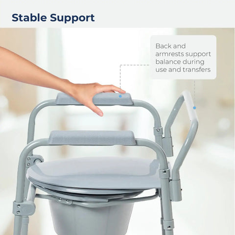 Close-up of Foldable Steel Bedside Commode Chair 3 In 1 Raised Toilet Seat and Bathroom Safety Frame showing stable support with armrests.