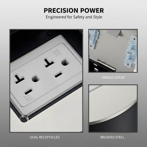 Top Shelf Recessed Floor Outlet With Six Hole Stainless Steel Round Hidden Electrical Box And Splash Proof Cover showing dual receptacles and hinged cover.