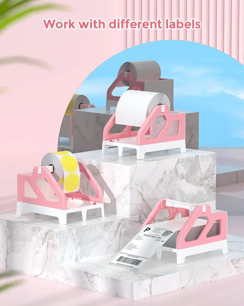 Heavy Hitter Universal Thermal Shipping Label Holder And Fan Fold Roll Organizer No Sweat Paper Dispenser Stand Pink with label rolls.