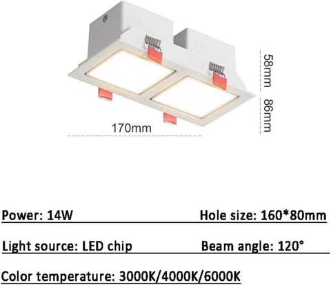 Slick Double Head Led Recessed Downlights For Ceiling Adjustable Angle Anti Glare Lens 14W Cool White Indoor Home Fixtures with dimensions