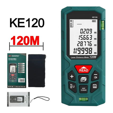 Digital Laser Rangefinder And Heavy Duty Tape Measure High Precision 120M Distance Meter with display and user manual.