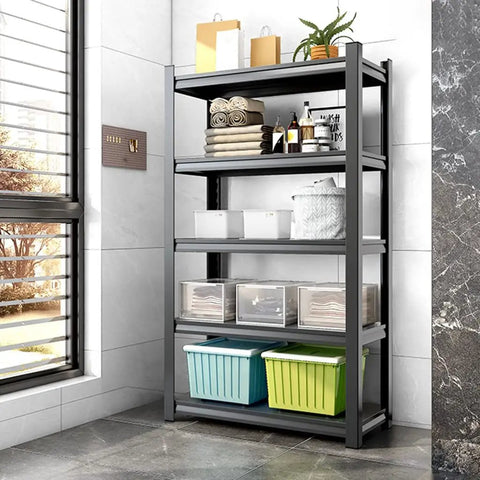 No Fuss Adjustable Six Tier Metal Shelving Heavy Duty Rust Proof Utility Rack For Garage Kitchen Bathroom And Living Room, sturdy steel frame with varying storage bins.