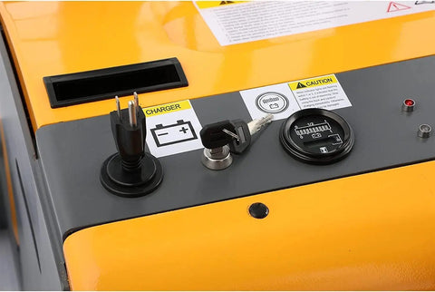 Apollo 2200 Lb Fully Electric Stackert Forklift With Hydraulic Lift And Straddle Forks Reaches 98 Inches High control panel with charger and key.