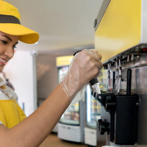 Worker using Adjustable Ice Cream Discharge Lever Handle For Soft Serve Machines Large Multipurpose Replacement Part