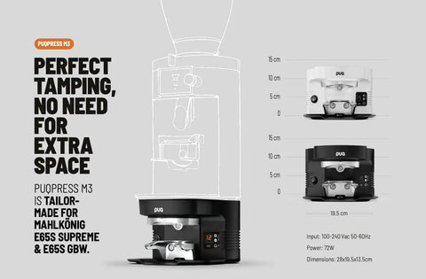 Automatic Coffee Tamper With Adjustable Tamping Pressure And Calibrated Levels For Nailing Every Shot Fits Mahlkonig E65 Grinders Perfectly in black and white design with dimensions.