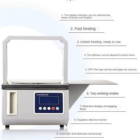 This Smart Automatic Opp Tape Strapping Machine Is A Real Game Changer For Supermarkets Using Heat Seal Technology For Hassle Free Veggies Bundling With No Messy Glue Needed, front view with control panel.