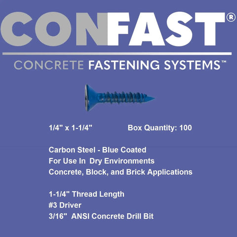 One Quarter Inch By One And One Quarter Inch Blue Flat Phillips Concrete Screw Anchor With Drill Bit For Masonry Block Or Brick Self Tapping Diamond Point And Quick Drive Design 100 Per Box CONFAST on blue background
