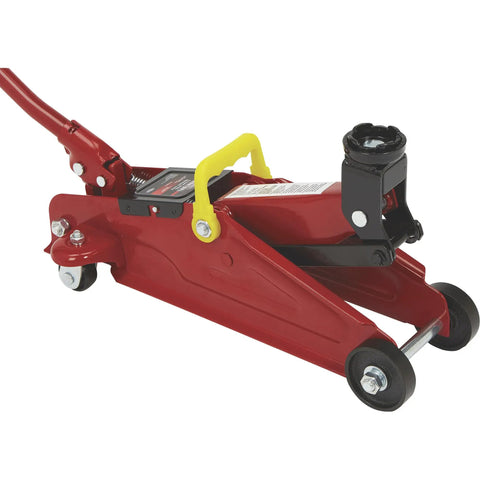 Smooth As Butter Hydraulic Trolley Jack With 2 Ton Load Rating showing red low profile body and textured handle.