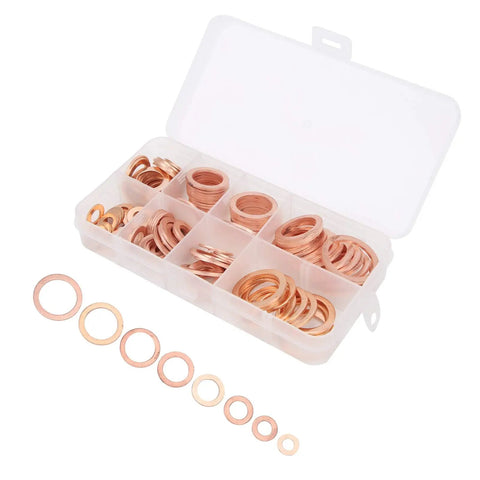 120 Piece Premium Red Copper Washers Assortment Kit Includes Tough Flat Gaskets For Sealing Oil Pan Plugs Fuel Lines Hydraulic Connections With Storage Box Organizer For Easy Access And High Thermal Conductivity Works Wicked Well Under Pressure.