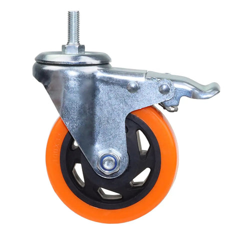 Heavy Duty Four Inch Orange Stem Caster Wheels M10 Thread Dual Locking Swivel, showing a close-up of the wheel and stem.