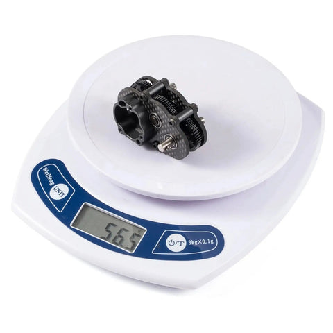 Ultralight Carbon Fiber Overdrive Transmission OD3 on scale, weight displayed as 56.3g, designed for AR44 Capra Axle LCG 1x10 RC Rock Crawler