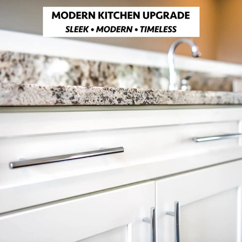 Slick Solid Stainless Steel Euro Style Bar Pulls Set on white cabinets, polished chrome finish, modern kitchen design.