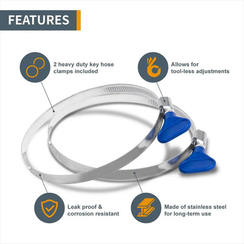 Stainless steel key hose clamps for 4 Inch By 10 Foot Pro Grade Flexible PVC Dust Collection Hose with tool-less adjustments feature.