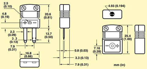 Diagram of Mini K Type Thermocouple Wire Connectors Set with dimensions, 10 Pcs Male Plugs For Quick Plug In And Play Temperature Monitoring