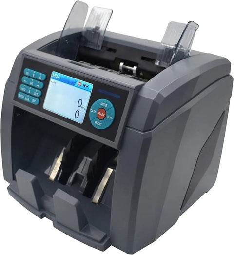 Top Shelf Mixed Denomination Money Counter With Auto Currency ID And Smart Counterfeit Detector showing intuitive display and operational buttons.