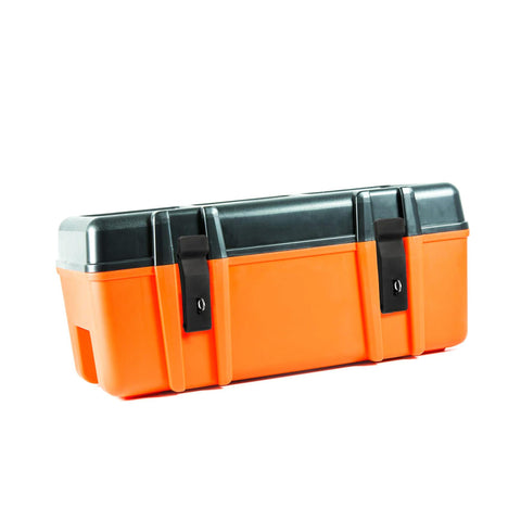 Orange cargo box with 4 Pieces Flexible Draw Latch Rubber Lock Replacement for secure closure on black and orange design.