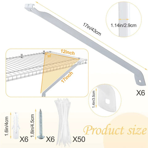 6 Piece 12 Inch Wire Shelf Brackets White Closet Support Hardware, 17 inch length, metal material, shown with installation components.