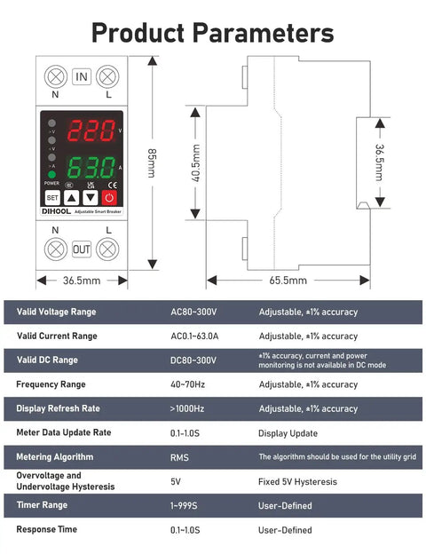 Smart Circuit Breaker With Adjustable Voltage Protection 70-200V Low Cutoff, 140-300V High Cutoff, 1-63A Overcurrent Protector dimensions