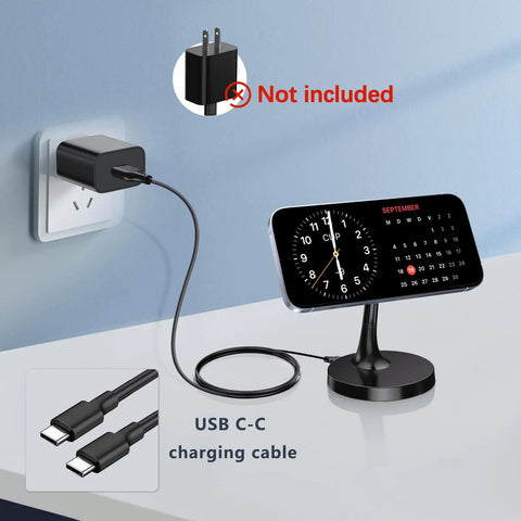Magnetic Wireless Charger Stand With MagSafe 15W Fast Charge For iPhone 17 Series 16 15 14 13 12 And AirPods shown charging device