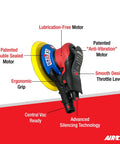 Pneumatic Orbital Palm Sander With Central Vacuum For Dust Busting Finishing 11,000 RPM Double Sealed Lubrication Free Air Motor.
