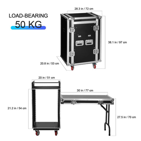Slick Extra Heavy Duty 16U Rolling Rack Case With Six Smooth Casters And Two Folding Side Tables dimensions and load-bearing details.
