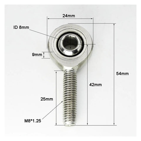 Heavy Duty Rod End Joint Ball Bearings Left Right Thread Anti Rust Food Grade Self Aligning, M8 size with dimensions.