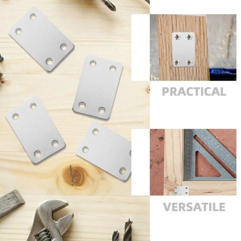 Flat Steel Mending Plate Bracket Set With Screws 20 Pack For Woodworking And Home Improvement, shown with tools and wood.