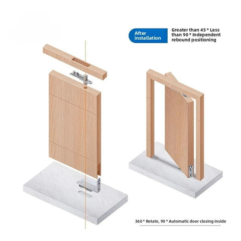 Slick 360 Degree Concealed Tiandi Hinge With Hydraulic Auto Close And Dead Center Locking For Seamless Invisible Door Installations, showing hinge installation with door design.