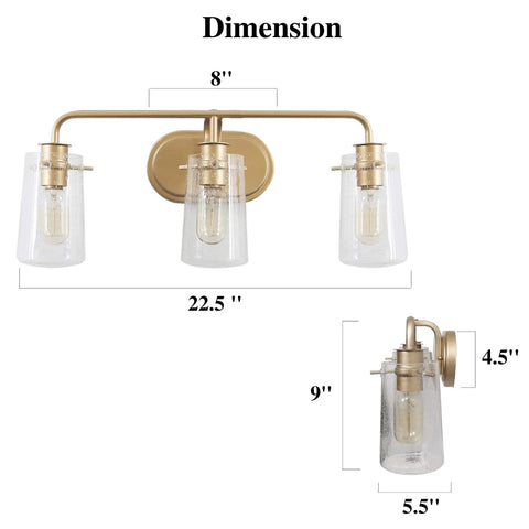 Three Light Gold Vanity Light With Seeded Glass Shades, modern matte gold fixture showing dimensions, 22.5” L x 9” W, 8” canopy
