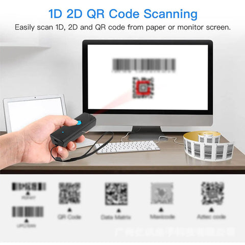 Versatile Wireless Barcode Scanner With USB And Bluetooth Modes For 1D And 2D Barcodes scanning QR code on monitor