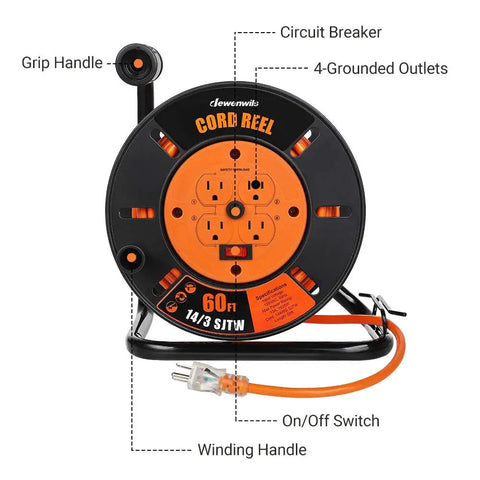 Heavy Duty Retractable Sixty Foot Extension Cord Reel With Metal Stand for indoor outdoor garage workshop and backyard use