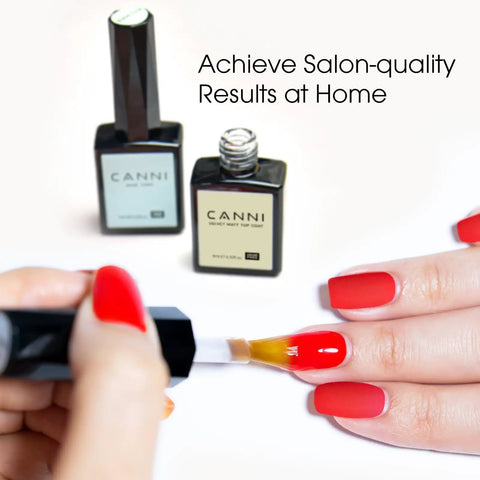 Applying Matte Gel Top Coat And Base Coat Set No Wipe For Long Lasting Chip Resistant Mani At Home Kit on red nails