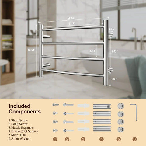 Polished Chrome Towel Warmer For Bathroom Wall Mounted Electric Heated Towel Rack With Stainless Steel Curved 4 Bars ETW29