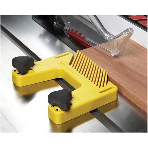 Pro Table Woodworking Featherboard with triple holding power placed on table saw for cabinet and joinery projects