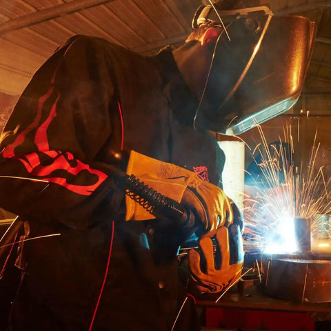 Welder using Extreme Pigskin And Cowhide Build MIG Welding Gloves Large Heavy Duty Kevlar Reinforced Stitching Heat And Spark Resistant