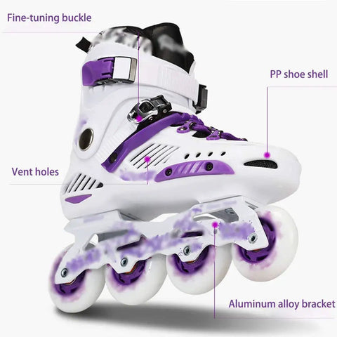 Side view of Kids Inline Skates For Beginners, Fun Roller Blades With Luminous Wheels, Premium White Purple Inline Skates For Boys And Girls, Youth Size US 6