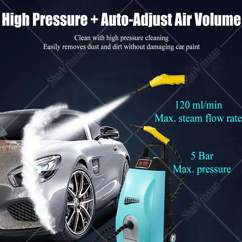 Heavy-Duty 3000W Professional Steam Cleaner With 3.5 Gallon Tank, Portable Carpet And Ac Cleaning Machine, Adjustable Dry Wet Steam For Grease Removal And Heavy Duty Home Use spraying steam on car surface.