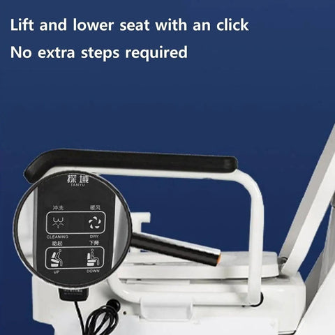 Top Tier Electric Toilet Seat Lifter With Adjustable Secure Arm Support And Built In Warm Dryer For Seniors Heavy Duty Real Deal Handles 330 Pounds With Zero Stress Daily control panel showing lift and lower functions.